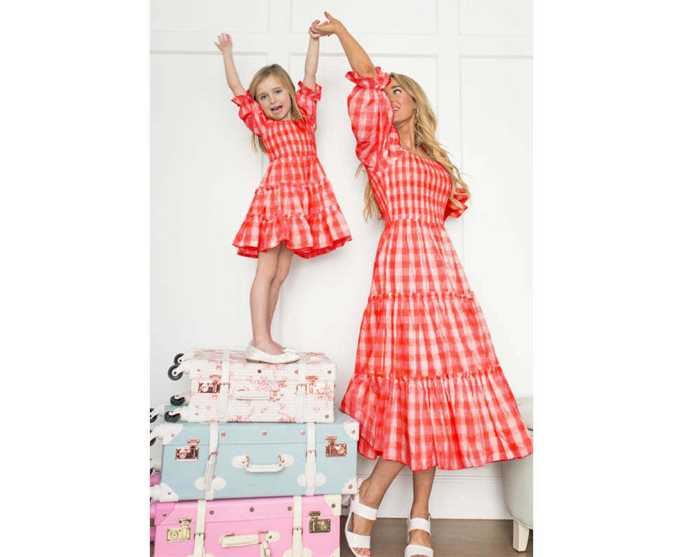 Stylish Summer Matching Red Plaid Maxi Dresses for Mum and Bub