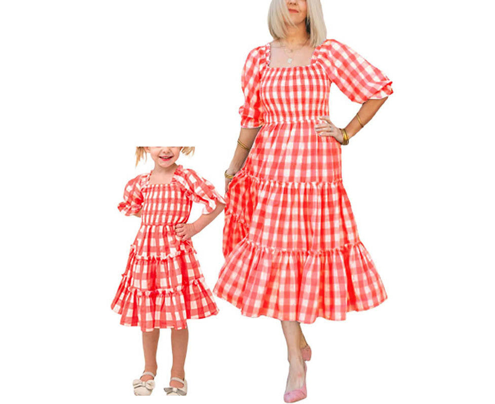 Stylish Summer Matching Red Plaid Maxi Dresses for Mum and Bub